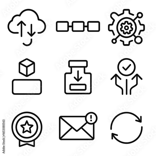 Continuous Integration Icons. Outline style icon of Continuous Integration Flow: commit push cloud, build pipeline bar, static
