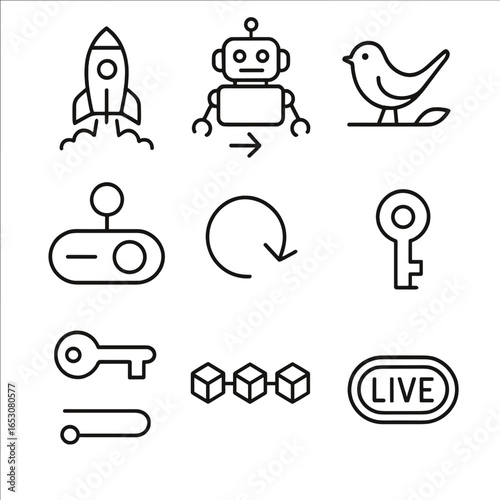 Deployment Icons Outline. Outline style icon of Continuous Deployment Gates: staging deploy rocket, smoke test robot, canary