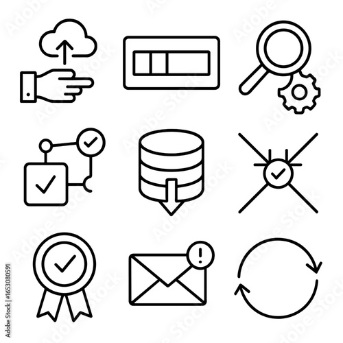 Continuous Integration Icons. Outline style icon of Continuous Integration Flow: commit push cloud, build pipeline bar, static