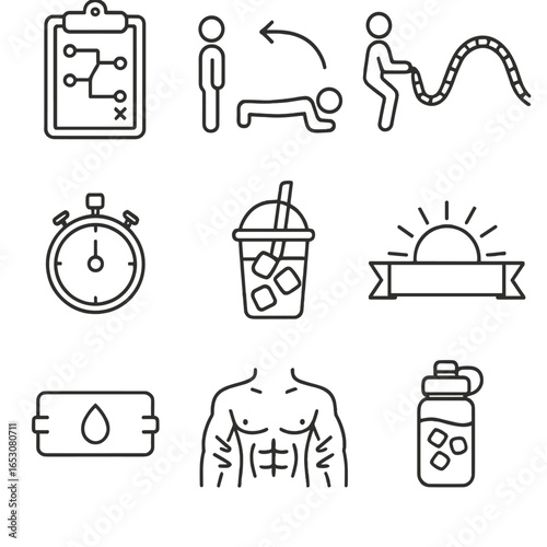 Morning Fitness Icons. Outline style icons of Morning Fitness: HIIT circuit board, burpee motion arrows, battle rope wave,