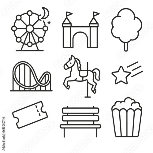 Moonlit Amusement Icons. Outline style icons of Moonlit Night: moonlit ferris wheel, amusement park gate, cotton candy puff,