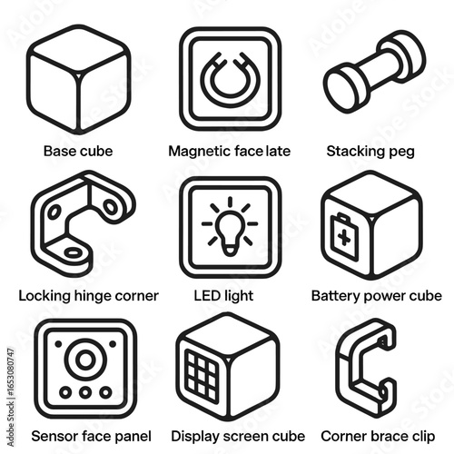Modular Cube Icons. Outline style icons of Modular Cube: base cube block, magnetic face plate, stacking peg connector, locking