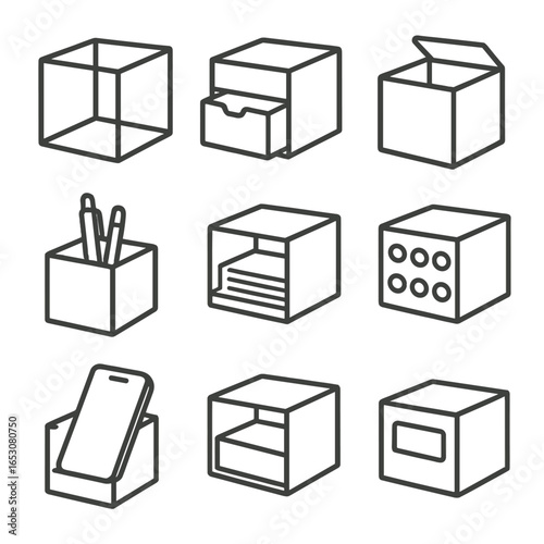 Modular Cube Icons. Outline style icons of Modular Cube: desktop storage cube, sliding drawer cube, flip-top lid cube, pen holder