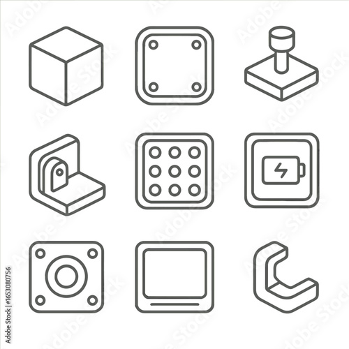 Modular Cube Icons. Outline style icons of Modular Cube: base cube block, magnetic face plate, stacking peg connector, locking