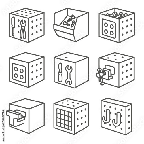 Modular Cube Icons. Outline style icons of Modular Cube: workshop tool cube, screw bin cube, bolt tray cube, bit holder cube,
