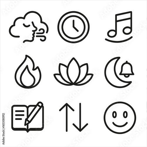 Meditation Icon Set. Outline style icons of Mobile App: meditation breath cloud, mindfulness timer ring, calm music wave, session