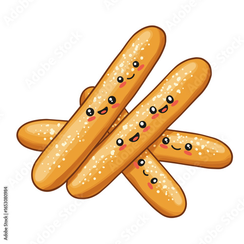 Cute cartoon breadsticks parmesan with smiling faces stacked together, isolated on a transparent background