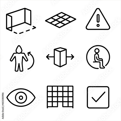 Mixed Reality Icons. Outline style icons of Mixed Reality: guardian boundary wall, safe zone floor, breach warning triangle,