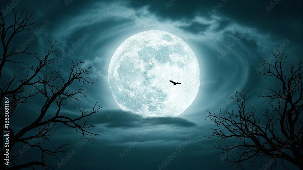 Fototapeta premium Enchanting full moon illuminates a dramatic dark night sky, framed by bare tree silhouettes, as a bird soars through the mystical lunar glow.
