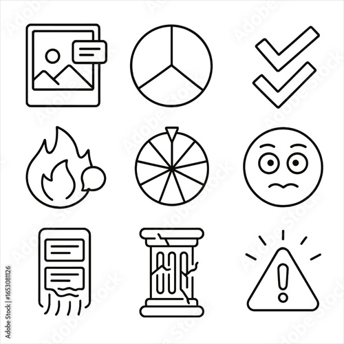 Outline Style Misinformation Icons. Outline style icons of Misinformation: miscaptioned image tag, bogus statistics pie, twin