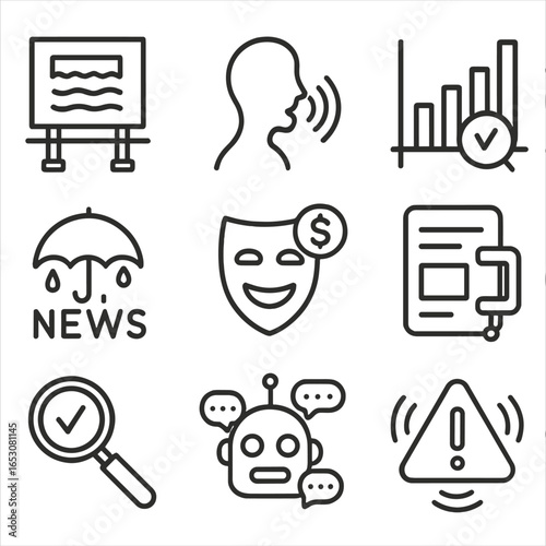 Misinformation Icons Set. Outline style icons of Misinformation: staged headline board, rumor ripple circles, forged graph axis,