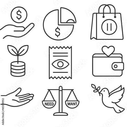 Mindfulness Finance Icons. Outline style icons of Mindfulness: mindful budgeting coin, spending awareness chart, purchase pause