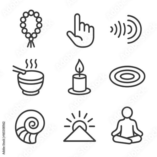 Mindfulness Icons Collection. Outline style icons of Mindfulness: mindful gratitude beads, repetition finger count, mantra chant