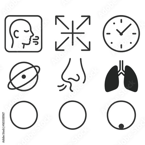Mindfulness Breathing Icons. Outline style icons of Mindfulness: mindful breathing square, inhale expand arrow, exhale contract