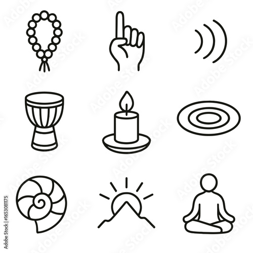 Mindfulness Icons Collection. Outline style icons of Mindfulness: mindful gratitude beads, repetition finger count, mantra chant