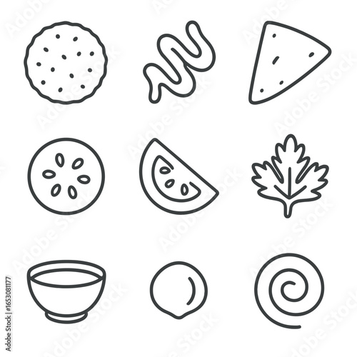 Mini Appetizer Icons. Outline style icons of Mini Appetizers: falafel ball, tahini drizzle, pita chip, cucumber slice, tomato