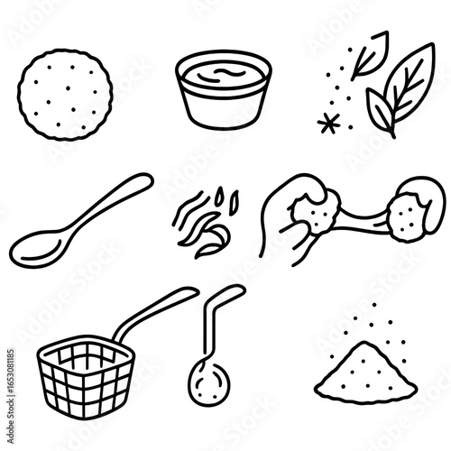 Outline Mini Appetizers Icons. Outline style icons of Mini Appetizers: arancini risotto ball, golden breadcrumb crust, marinara