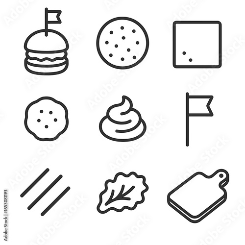 Mini Appetizer Icons. Outline style icons of Mini Appetizers: mini beef slider bun, sesame seed dot, cheddar square, pickle chip,