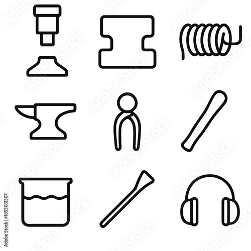 Metalworking Tool Icons. Outline style icons of Metalworking Tool: power hammer ram, forging die shoe, billet heater coil, anvil