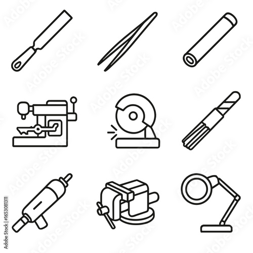 Metalworking Tools Icons. Outline style icons of Metalworking Tool: keyway file, pinning tweezers, plug follower, code cutter