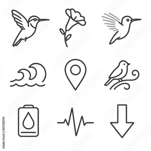Migratory Bird Icons. Outline style icons of Migratory Birds: ruby-throated hummingbird sprite, nectar flower tube, hover wings