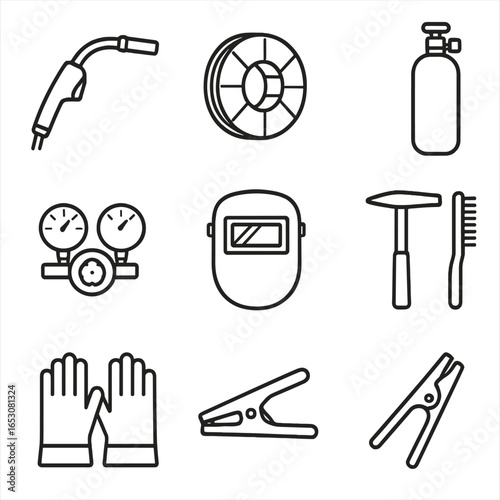 Metalworking Tool Icons. Outline style icons of Metalworking Tool: MIG welding gun, welding wire spool, gas cylinder tank,