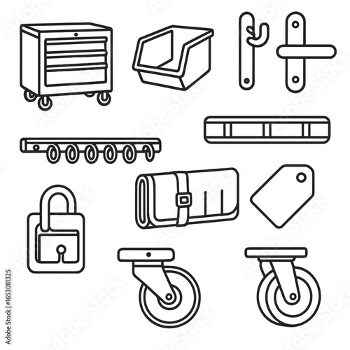 Metalworking Tools Outline Icons. Outline style icons of Metalworking Tool: heavy-duty tool chest, parts bin drawer, pegboard hook
