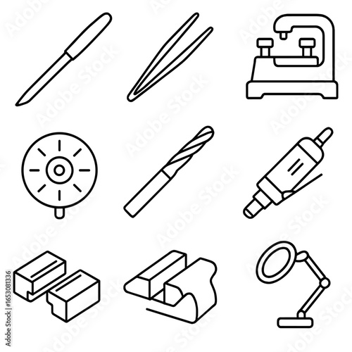 Metalworking Tools Icons. Outline style icons of Metalworking Tool: keyway file, pinning tweezers, plug follower, code cutter