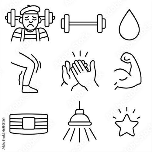 Mime Weightlifter Icons. Outline style icons of Mime: weightlifter strain, barbell line, sweat drip bead, quivering knee, applause