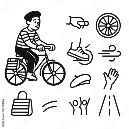 Mime Cyclist Icons. Outline style icons of Mime: mime cyclist ride, handlebar grip, turning wheel circle, pedaling foot spin, wind