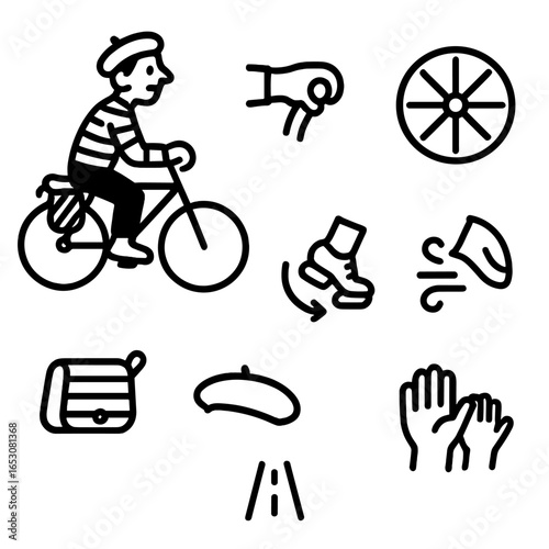 Mime Cyclist Icons. Outline style icons of Mime: mime cyclist ride, handlebar grip, turning wheel circle, pedaling foot spin, wind