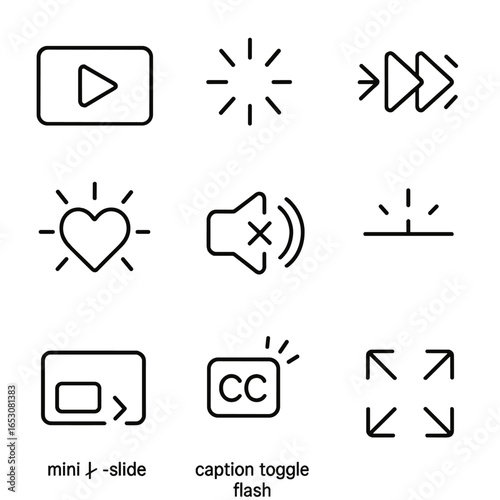 Microinteraction Icon Set. Outline style icons of Microinteraction: video play morph, buffering spinner, skip ahead double-tap,