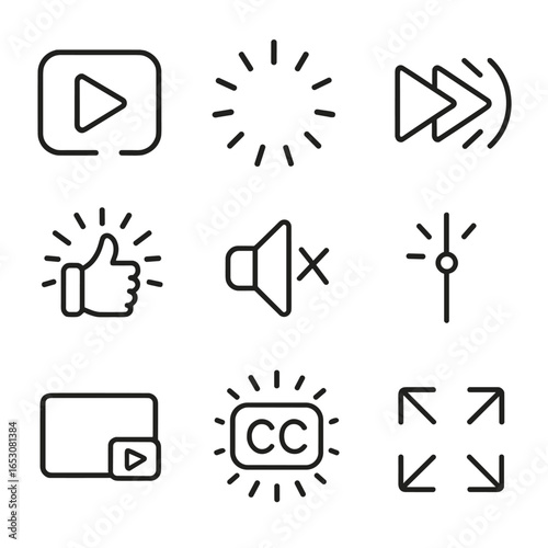Microinteraction Icon Set. Outline style icons of Microinteraction: video play morph, buffering spinner, skip ahead double-tap,