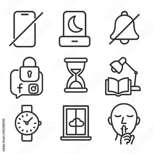 Mental Recovery Icons. Outline style icons of Mental Recovery: digital detox phone, screen-off moon, notification mute bell,