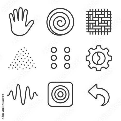 Memory Icons Outline. Outline style icons of Memory: tactile hand imprint, clay texture swirl, fabric patch weave, sand grain icon