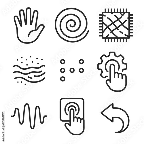 Memory Icons Outline. Outline style icons of Memory: tactile hand imprint, clay texture swirl, fabric patch weave, sand grain icon