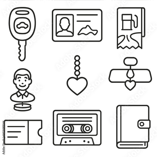 Memory Keepsake Icons. Outline style icons of Memory Keepsakes: first car key fob, driver license photo, road-trip map snippet,
