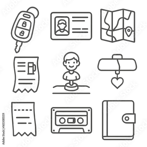 Memory Keepsake Icons. Outline style icons of Memory Keepsakes: first car key fob, driver license photo, road-trip map snippet,