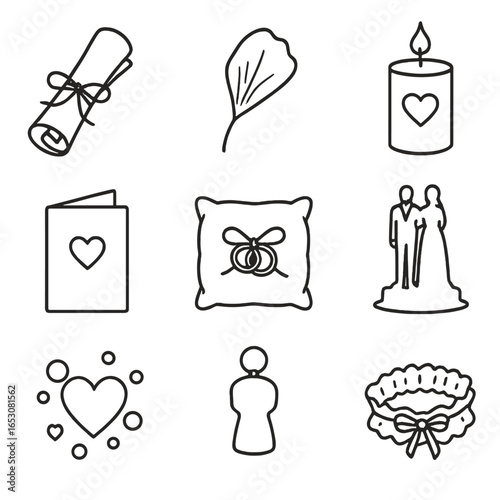Memory Keepsakes Icons. Outline style icons of Memory Keepsakes: wedding invitation scroll, dried bouquet petal, unity candle wick