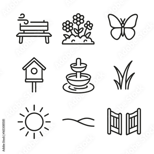 Mental Recovery Icons. Outline style icons of Mental Recovery: relaxation garden bench, blooming flower bed, butterfly flutter,