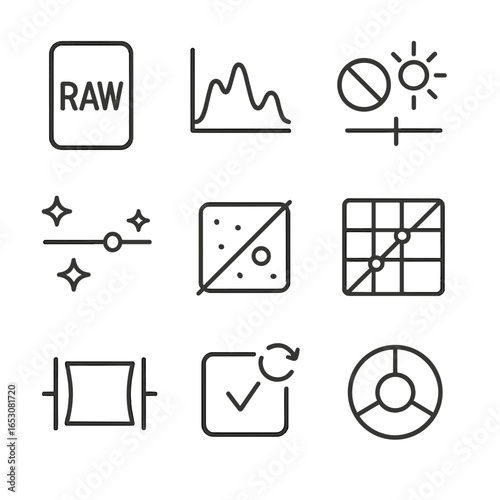 RAW Editing Icons. Line style icons of RAW photo editing: RAW icon, histogram chart, white balance, clarity slider, noise