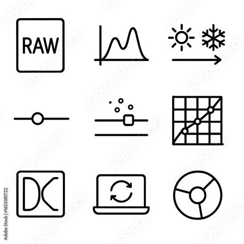 RAW Editing Icons. Line style icons of RAW photo editing: RAW icon, histogram chart, white balance, clarity slider, noise