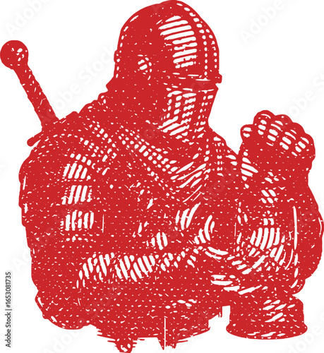 Lined red engraving fingerprint art of a medieval knight with steel helmet holding oil lamp detailed digital illustration