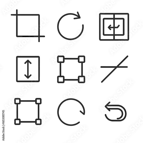 Photo Editing Icons. Line style icons of photo editing functions: crop tool, rotate arrow, flip horizontal, flip vertical, resize