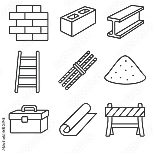 Construction Site Icons. Line style icons of construction site elements: brick wall, concrete block, steel beam, ladder, rebar