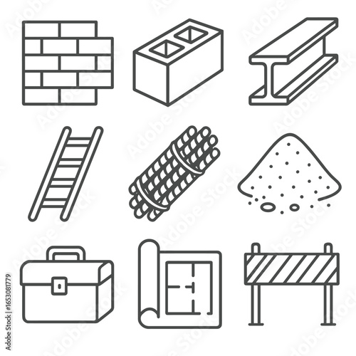 Construction Site Icons. Line style icons of construction site elements: brick wall, concrete block, steel beam, ladder, rebar