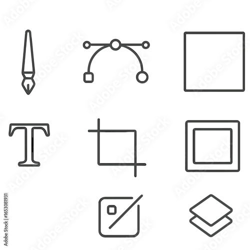 Minimal Creative Tools. Line style icons of minimal creative tools: thin pen, vector node, bezier curve, artboard icon, outline