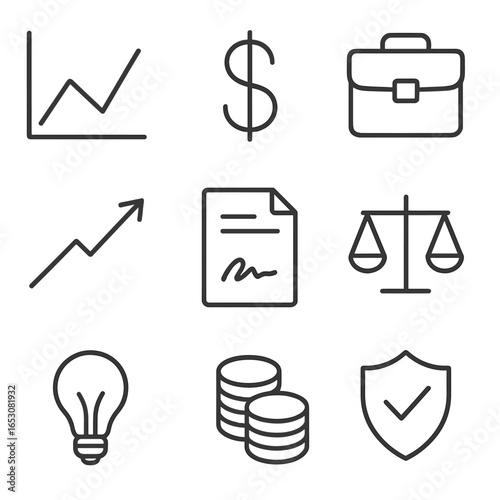 Business Symbol Icons. Line style icons of basic business symbols: simple graph, clean dollar sign, outline briefcase, thin growth