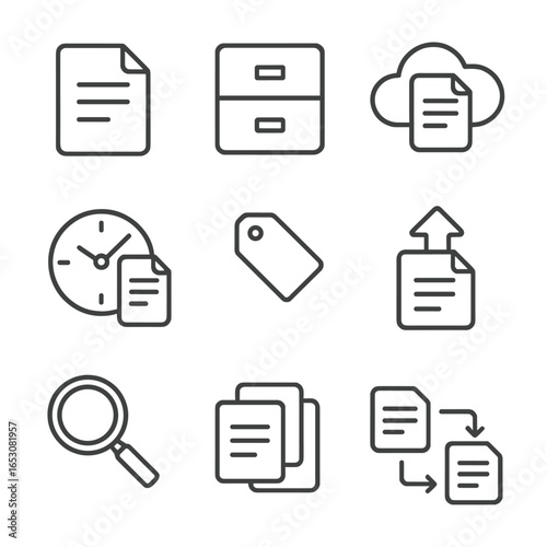 Minimal Document Icons. Line style icons of minimal document management: outline page, file cabinet, cloud doc, version clock, tag