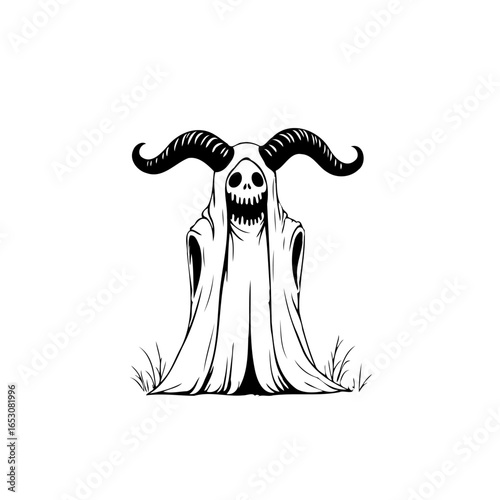 Spooky horned reaper stands ominously in a grassy field creating an eerie halloween graphic element that stands out